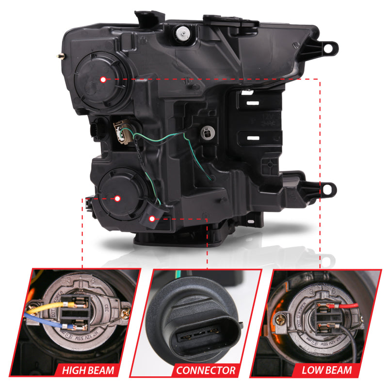 ANZO LED projector headlights for 2018-2020 Ford F-150 with plank style switchback design, showcasing modern aesthetics and superior illumination.