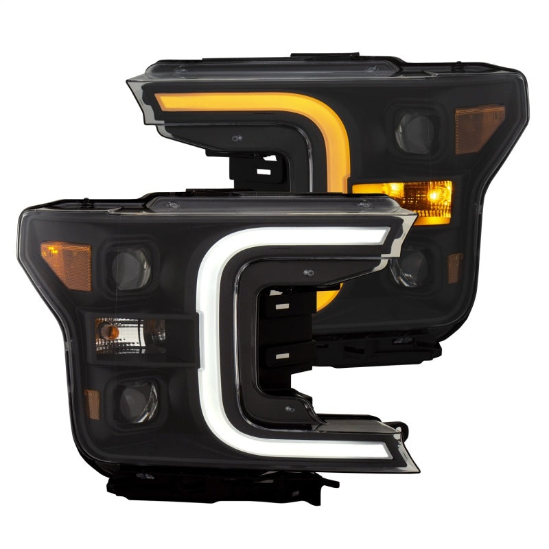ANZO LED projector headlights for 2018-2020 Ford F-150 with plank style switchback design, showcasing modern aesthetics and superior illumination.