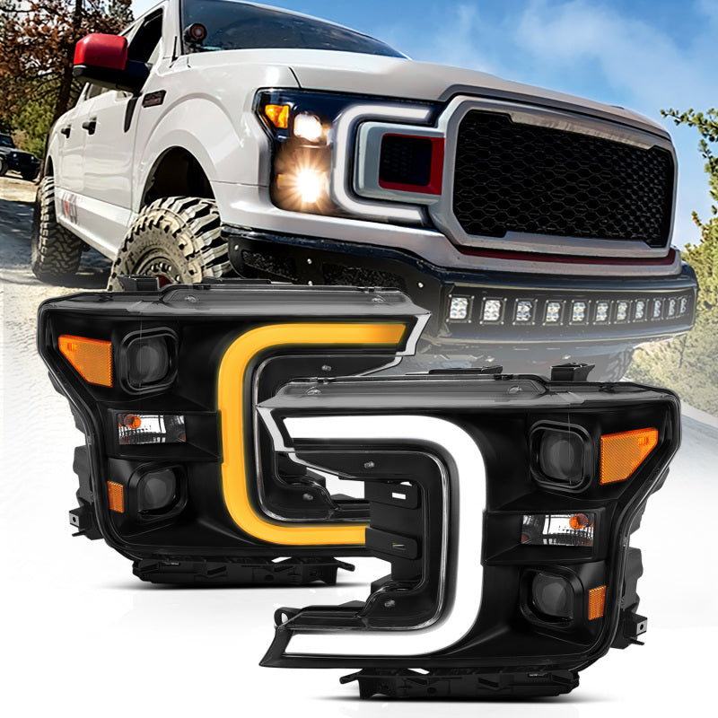 ANZO LED projector headlights for 2018-2020 Ford F-150 with plank style switchback design, showcasing modern aesthetics and superior illumination.