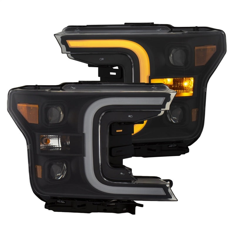 ANZO LED projector headlights for 2018-2020 Ford F-150 with plank style switchback design, showcasing modern aesthetics and superior illumination.