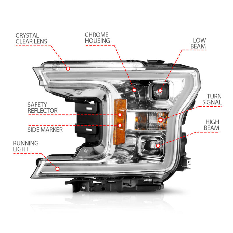 ANZO 18-19 Ford F-150 Projector Headlights with plank style switchback design, showcasing modern styling and enhanced visibility.