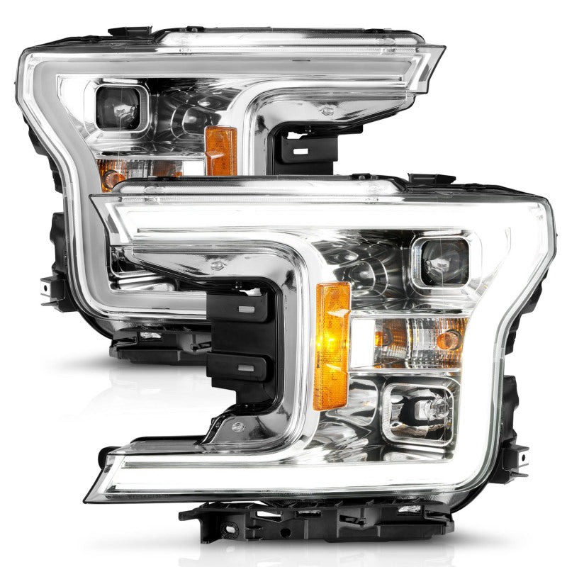 ANZO 18-19 Ford F-150 Projector Headlights with plank style switchback design, showcasing modern styling and enhanced visibility.