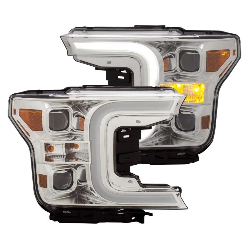 ANZO 18-19 Ford F-150 Projector Headlights with plank style switchback design, showcasing modern styling and enhanced visibility.
