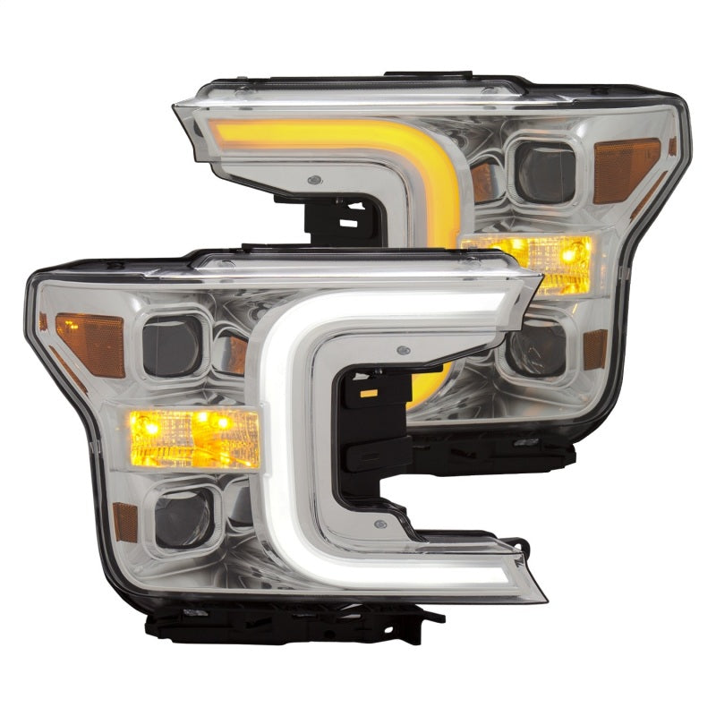 ANZO 18-19 Ford F-150 Projector Headlights with plank style switchback design, showcasing modern styling and enhanced visibility.
