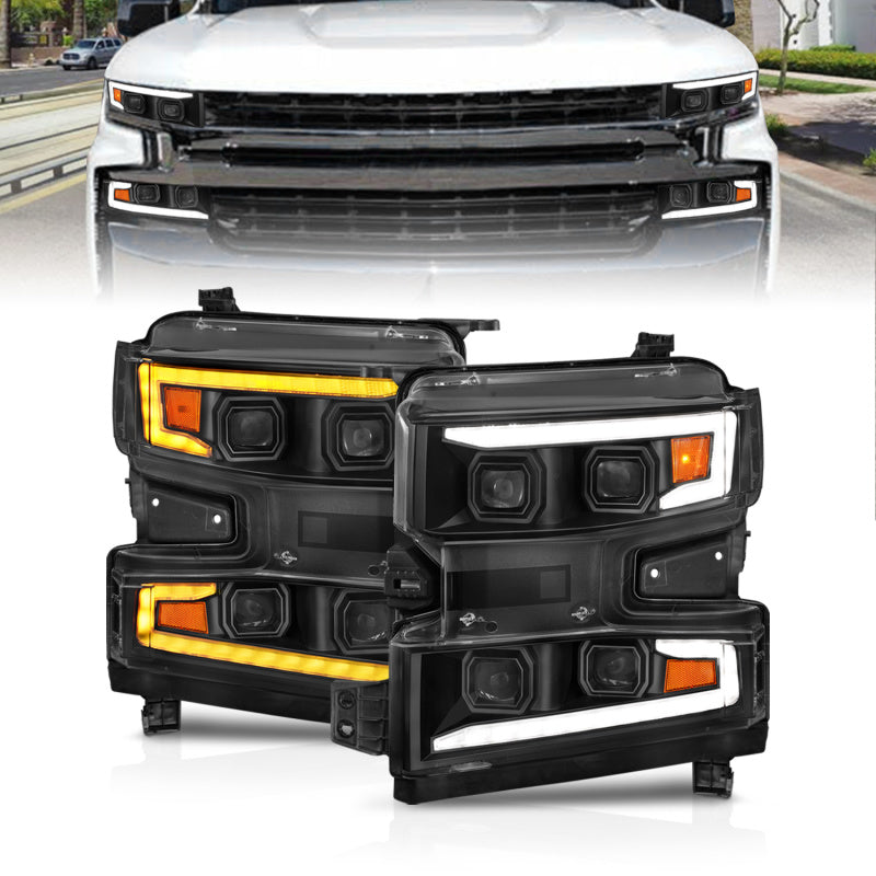 ANZO LED Projector Headlights for 2019-2022 Chevrolet Silverado 1500 with light bar and sequential blinkers, showcasing modern design and functionality.