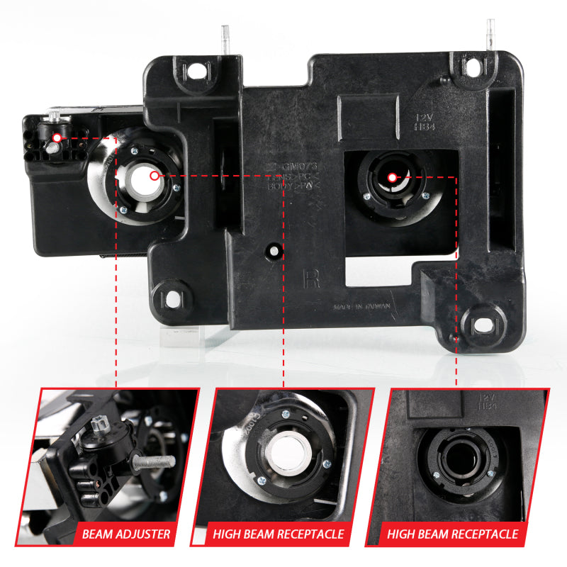 ANZO 1999-2000 Cadillac Escalade Crystal Headlights with a sleek black light bar design, enhancing vehicle visibility and style.