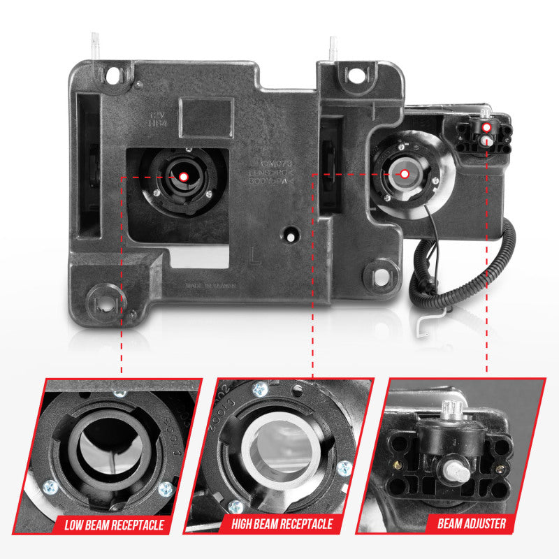 ANZO 1999-2000 Cadillac Escalade Crystal Headlights with clear lens and black housing, showcasing modern design and enhanced visibility.