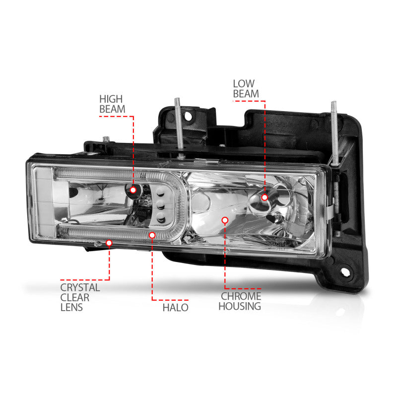 ANZO 1999-2000 Cadillac Escalade Crystal Headlights with clear lens and black housing, showcasing modern design and enhanced visibility.
