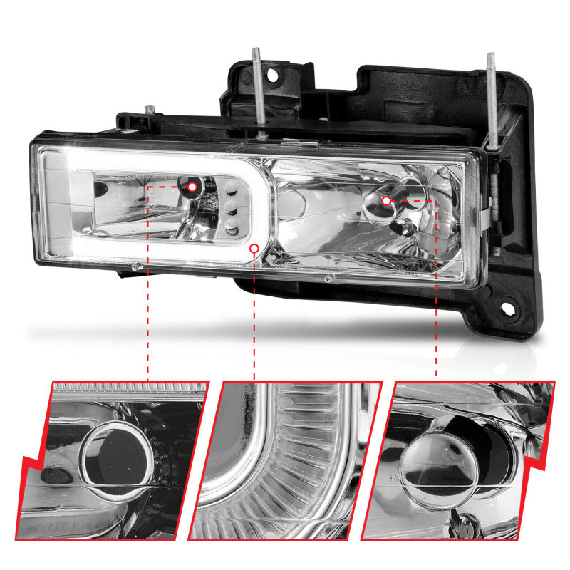 ANZO 1999-2000 Cadillac Escalade Crystal Headlights with clear lens and black housing, showcasing modern design and enhanced visibility.