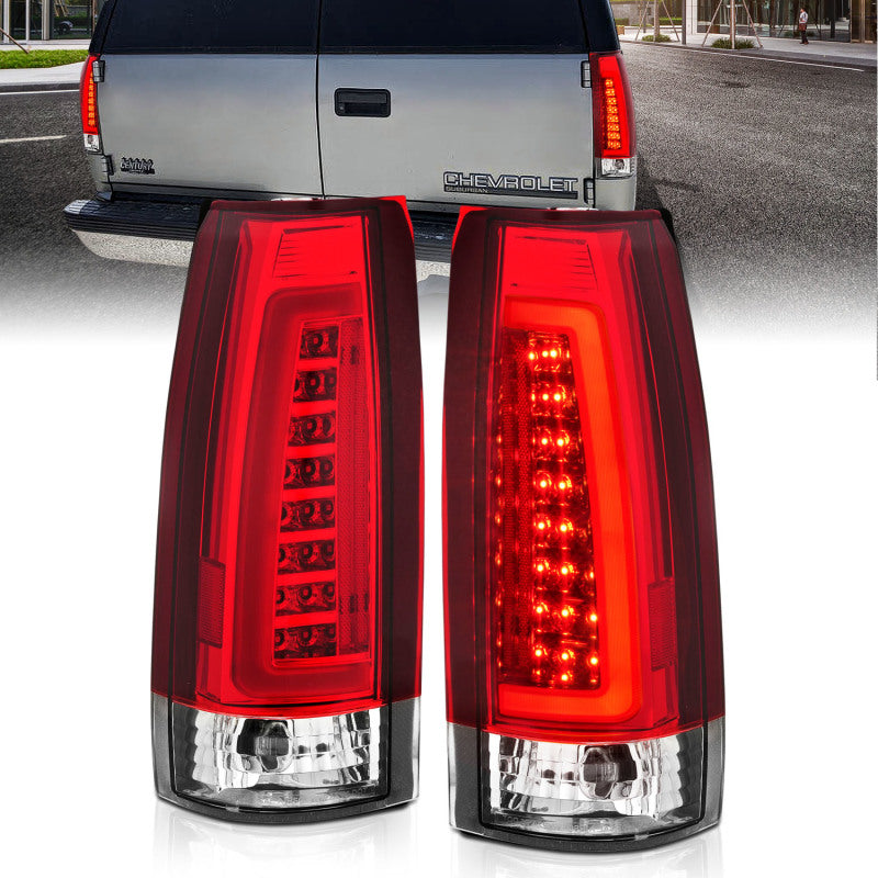 ANZO LED taillights for 1999-2000 Cadillac Escalade featuring chrome housing and red/clear lenses, enhancing vehicle visibility and style.