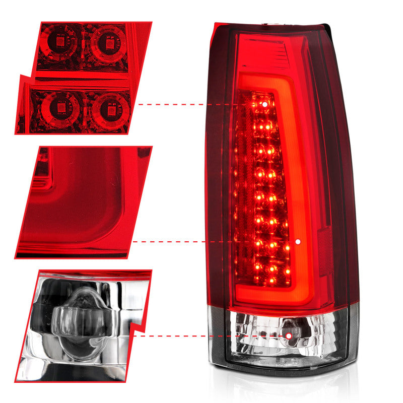 ANZO LED taillights for 1999-2000 Cadillac Escalade featuring chrome housing and red/clear lenses, enhancing vehicle visibility and style.