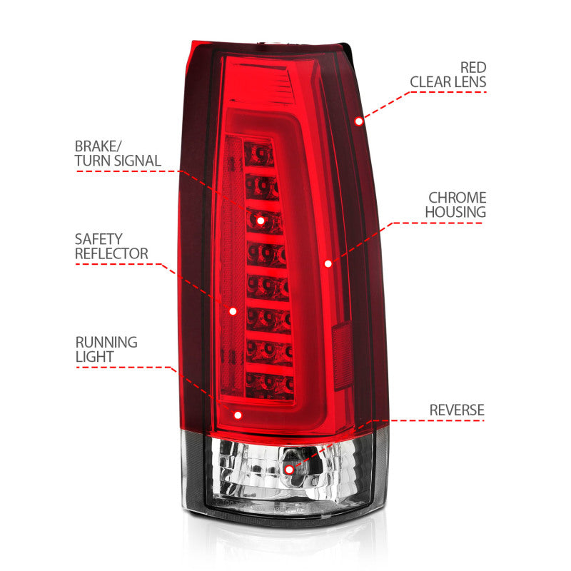 ANZO LED taillights for 1999-2000 Cadillac Escalade featuring chrome housing and red/clear lenses, enhancing vehicle visibility and style.