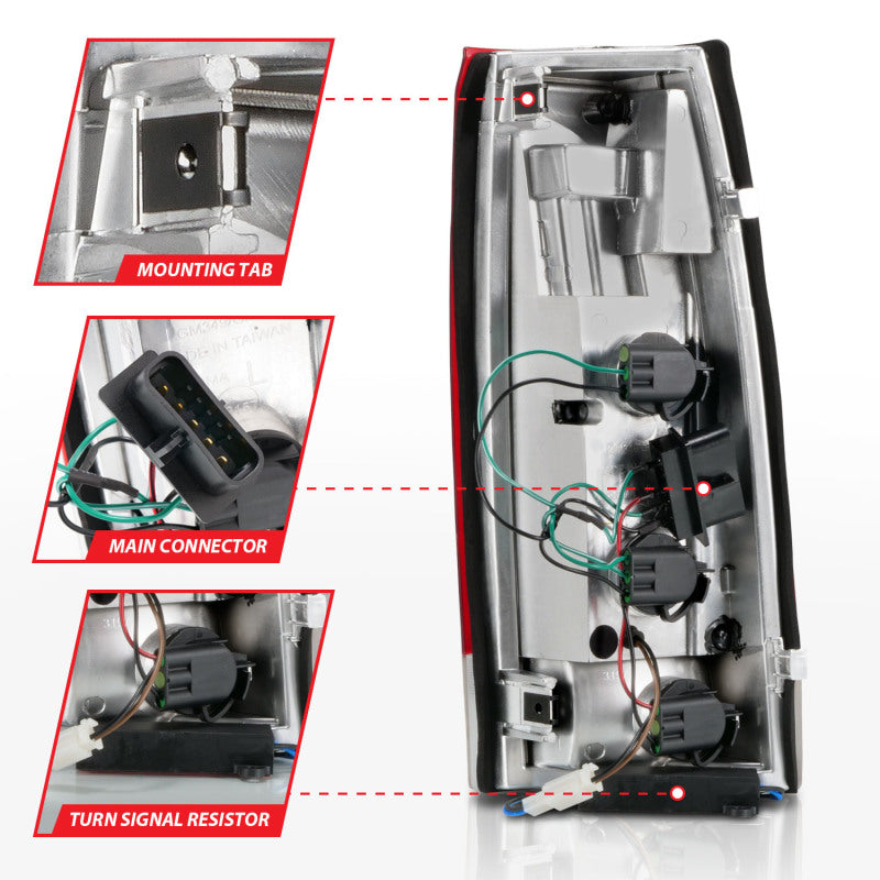 ANZO LED taillights for 1999-2000 Cadillac Escalade featuring chrome housing and red/clear lenses, enhancing vehicle visibility and style.