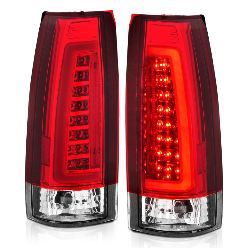 ANZO LED taillights for 1999-2000 Cadillac Escalade featuring chrome housing and red/clear lenses, enhancing vehicle visibility and style.