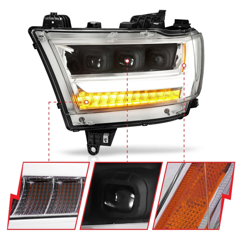 ANZO LED projector headlights for 2019-2021 Dodge Ram 1500, featuring clear lens and black housing for improved visibility and style.