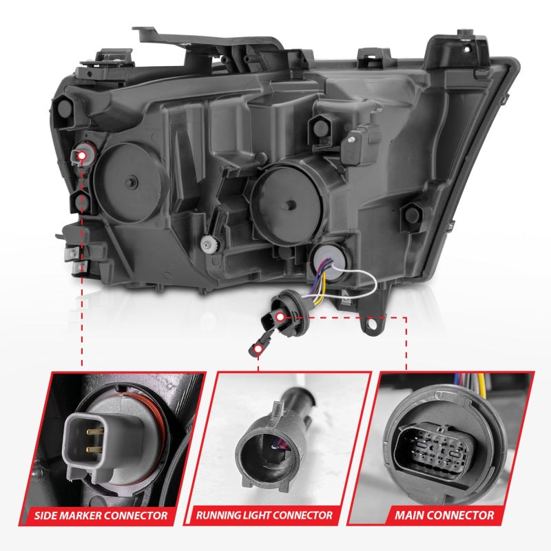 ANZO LED projector headlights for 2019-2021 Dodge Ram 1500, featuring clear lens and black housing.