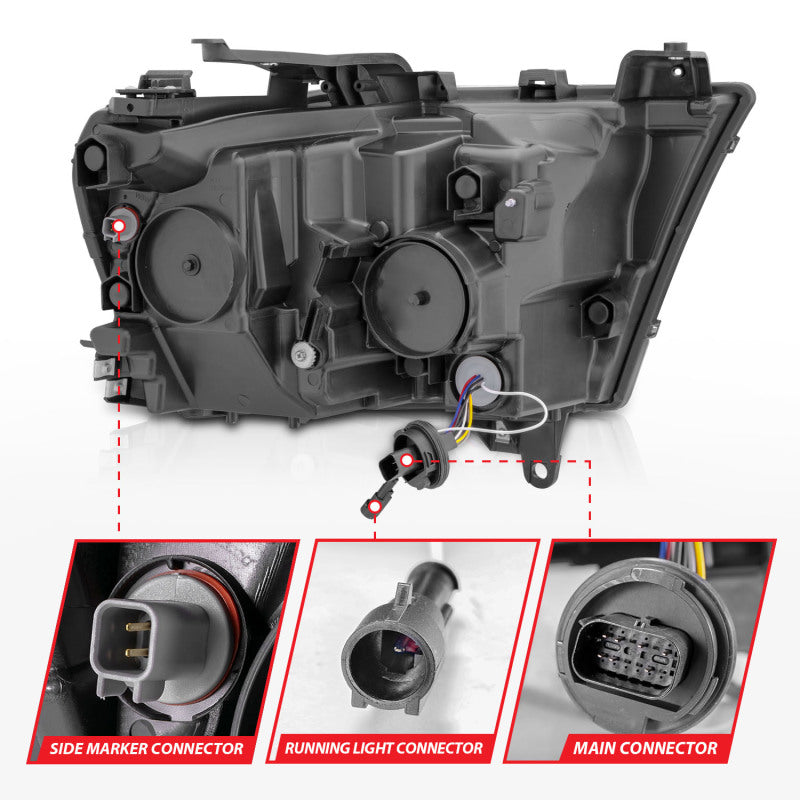 ANZO LED projector headlights for 2019-2021 Dodge Ram 1500, featuring clear lens and black housing.
