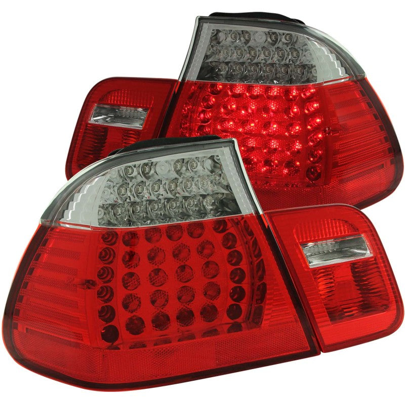 ANZO LED taillights for 1999-2001 BMW 3 Series E46, featuring a red and clear lens design.
