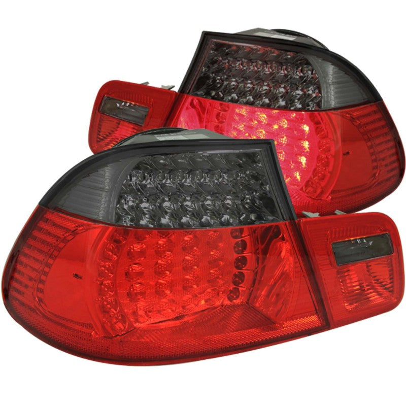 ANZO LED taillights for BMW 3 Series E46, featuring red and smoke lens design, enhancing vehicle appearance and visibility.