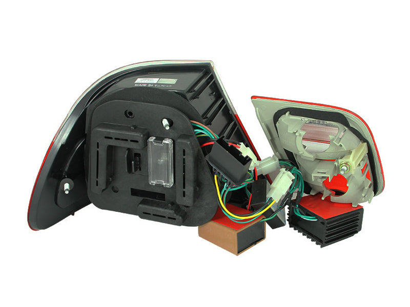 ANZO LED taillights for BMW 3 Series E46, featuring red and smoke lens design, enhancing vehicle appearance and visibility.