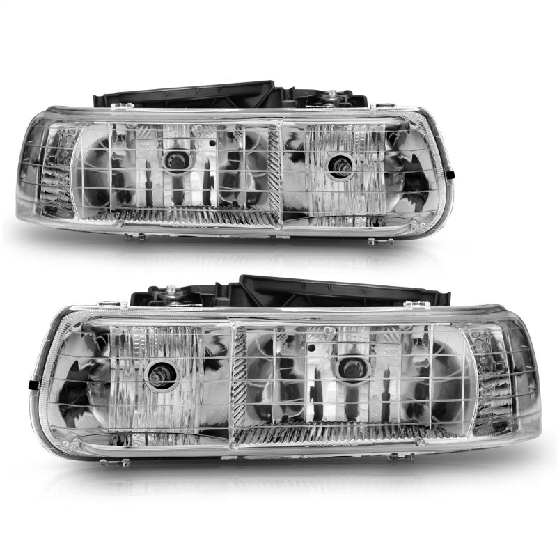 ANZO Crystal Headlight Set for 1999-2002 Chevrolet Silverado 1500 with clear lens and chrome housing.