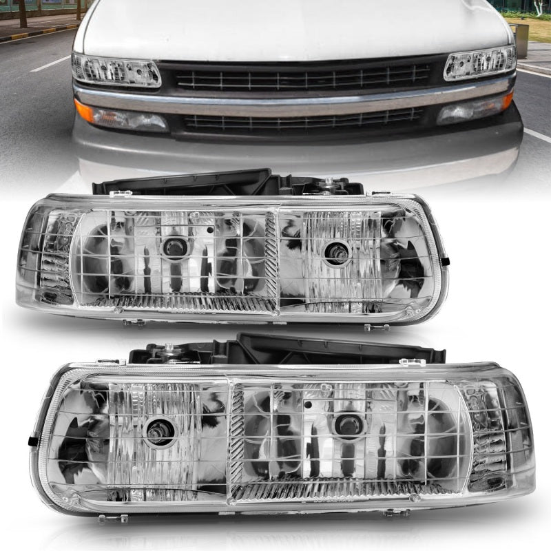 ANZO Crystal Headlight Set for 1999-2002 Chevrolet Silverado 1500 with clear lens and chrome housing.