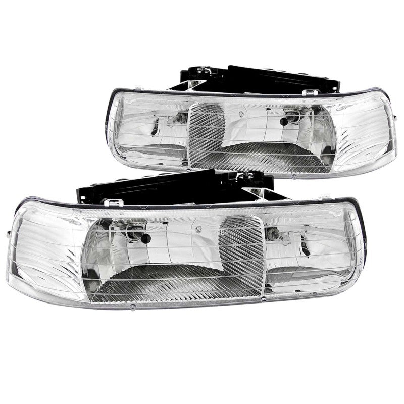 ANZO Crystal Headlight Set for 1999-2002 Chevrolet Silverado 1500 with clear lens and chrome housing.