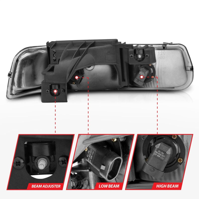 ANZO Crystal Headlight Set for 1999-2002 Chevrolet Silverado 1500 with clear lens and chrome housing.