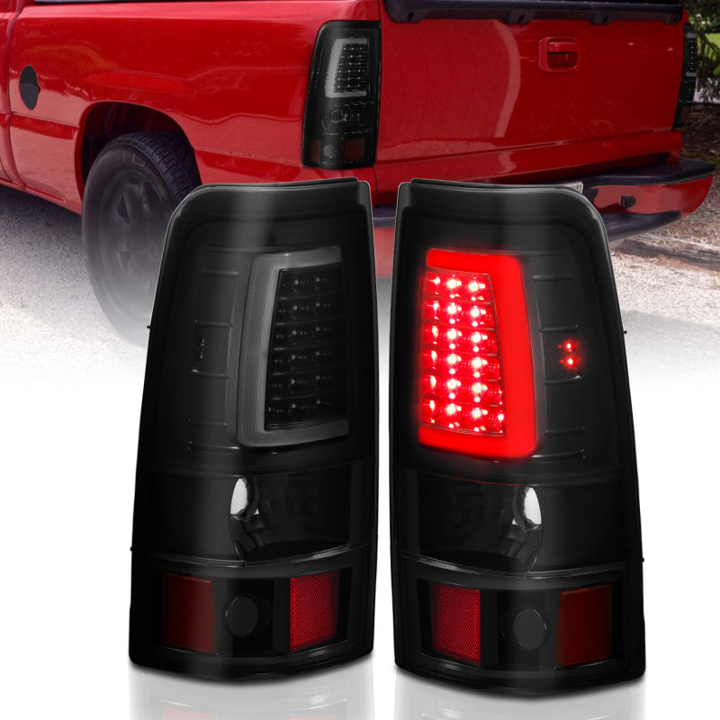 ANZO LED taillights for 1999-2002 Chevy Silverado 1500 with smoke lens and plank style design.