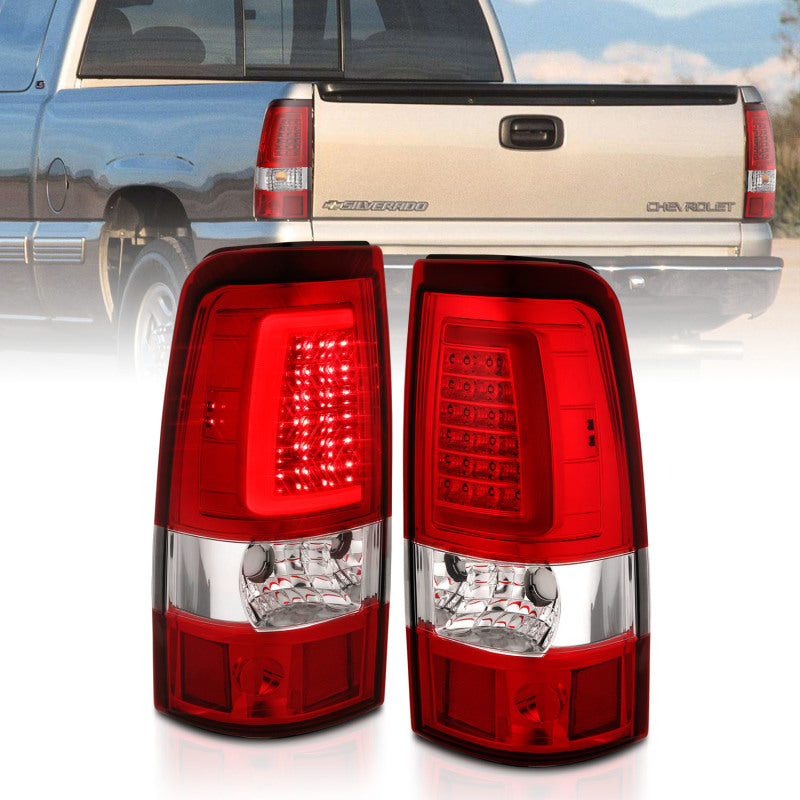 ANZO LED taillights for 1999-2002 Chevy Silverado 1500 with chrome housing and red/clear lens in plank style design.