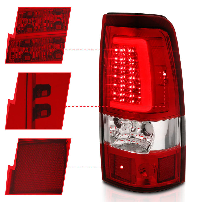 ANZO LED taillights for 1999-2002 Chevy Silverado 1500 with chrome housing and red/clear lens in plank style design.