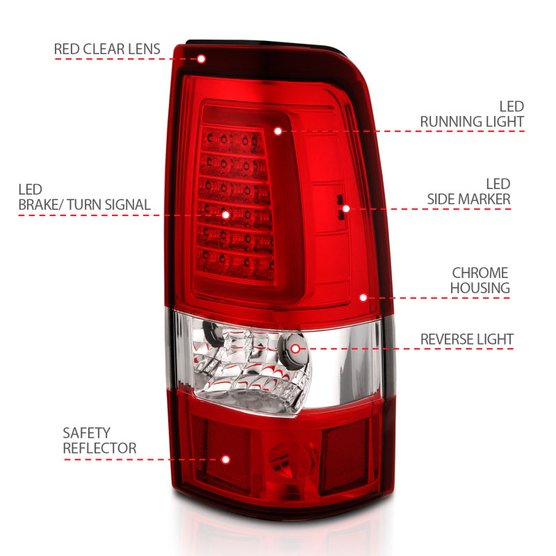 ANZO LED taillights for 1999-2002 Chevy Silverado 1500 with chrome housing and red/clear lens in plank style design.