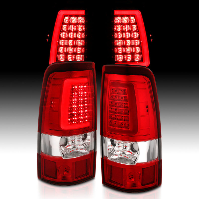 ANZO LED taillights for 1999-2002 Chevy Silverado 1500 with chrome housing and red/clear lens in plank style design.
