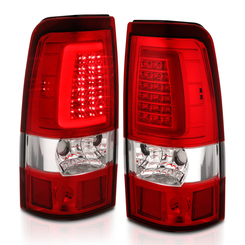 ANZO LED taillights for 1999-2002 Chevy Silverado 1500 with chrome housing and red/clear lens in plank style design.