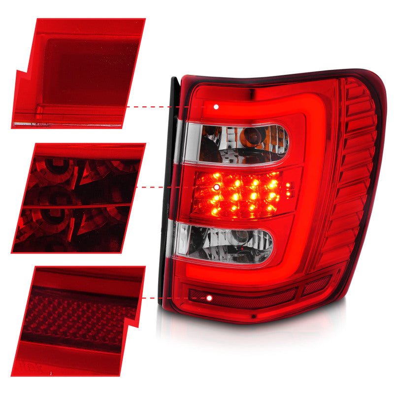 ANZO LED Tail Lights for 1999-2004 Jeep Grand Cherokee with chrome finish and light bar design.