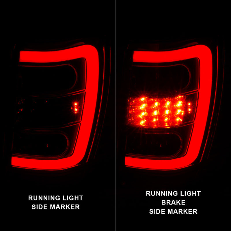 ANZO LED Tail Lights for 1999-2004 Jeep Grand Cherokee with chrome finish and light bar design.