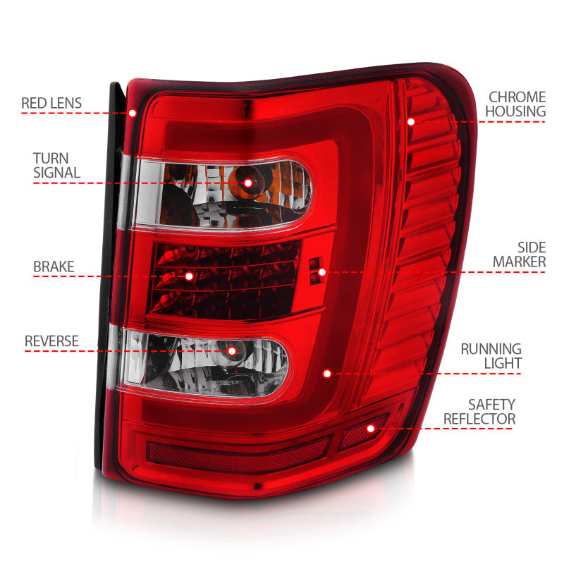 ANZO LED Tail Lights for 1999-2004 Jeep Grand Cherokee with chrome finish and light bar design.