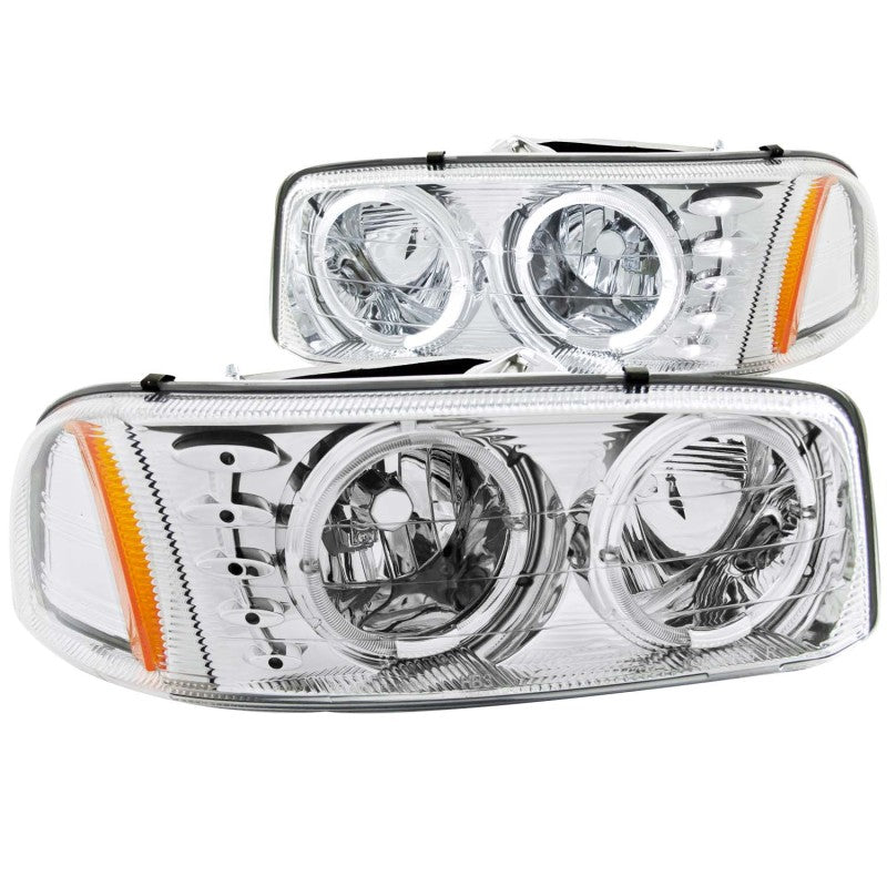 ANZO 1999-2006 GMC Sierra 1500 Crystal Headlights with Halo and LED, featuring clear lens and chrome housing for enhanced visibility and style.
