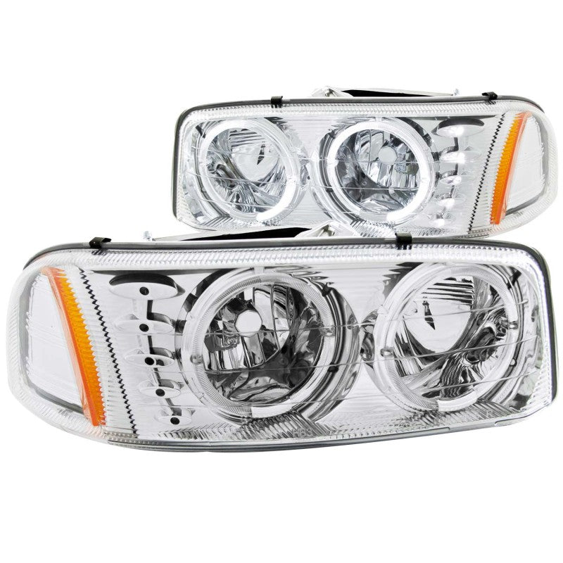 ANZO 1999-2006 GMC Sierra 1500 Crystal Headlights with Halo and LED, featuring clear lens and chrome housing for enhanced visibility and style.