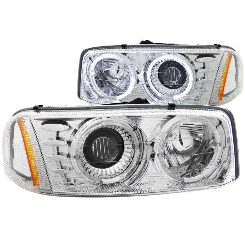 ANZO projector headlights with halo chrome for GMC Sierra 1500, featuring clear lens and chrome housing, enhancing vehicle appearance and visibility.