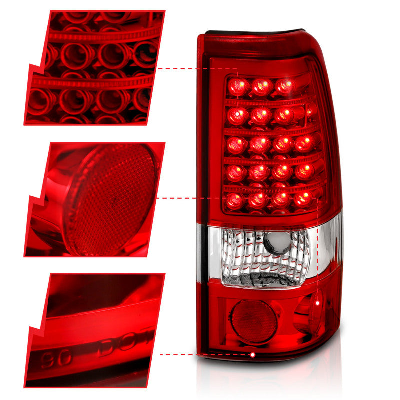 ANZO LED taillights for 1999-2007 Chevrolet Silverado 1500, featuring a red and clear lens design for enhanced visibility.