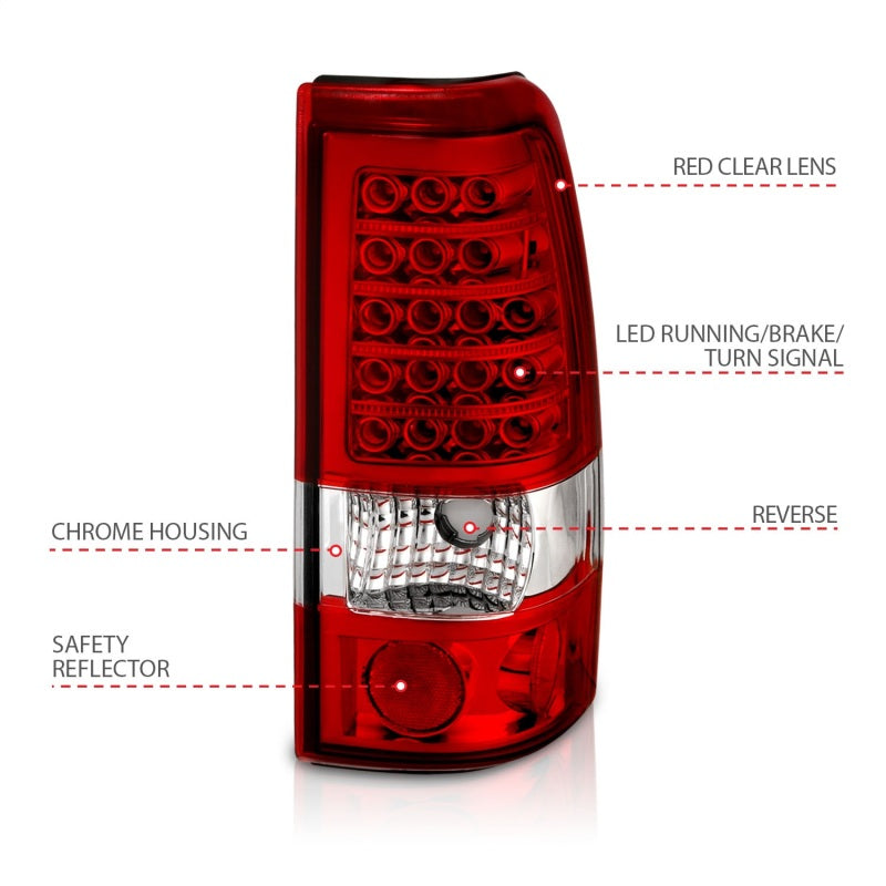 ANZO LED taillights for 1999-2007 Chevrolet Silverado 1500, featuring a red and clear lens design for enhanced visibility.