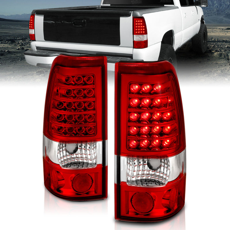 ANZO LED taillights for 1999-2007 Chevrolet Silverado 1500, featuring a red and clear lens design for enhanced visibility.