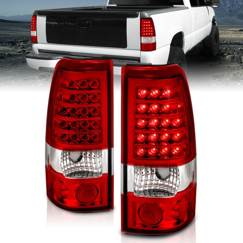 ANZO LED taillights for 1999-2007 Chevrolet Silverado 1500, featuring a red and clear lens design for enhanced visibility.