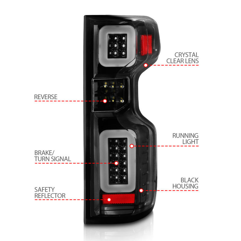 Anzo Full LED Tailights for 2019-2022 Chevy Silverado featuring black housing and clear lens, showcasing modern design and bright illumination.