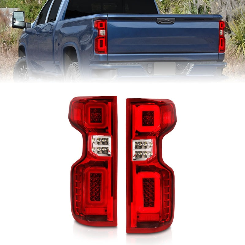 Anzo Full LED Tailights for 2019-2022 Chevy Silverado with chrome housing, showcasing modern design and bright LED lights.