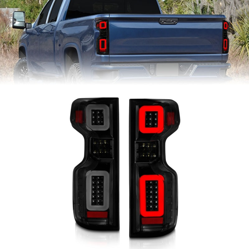 Anzo Full LED Tailights for 2019-2022 Chevy Silverado with black housing, showcasing modern design and bright illumination.