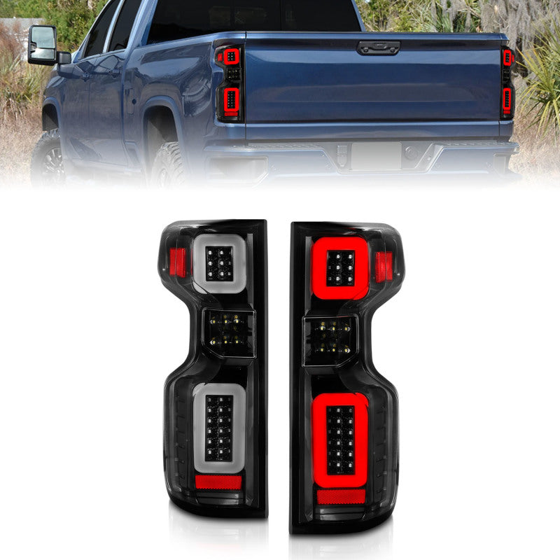 Anzo Full LED Tailights for 2019-2022 Chevy Silverado with black housing, showcasing modern design and bright illumination.