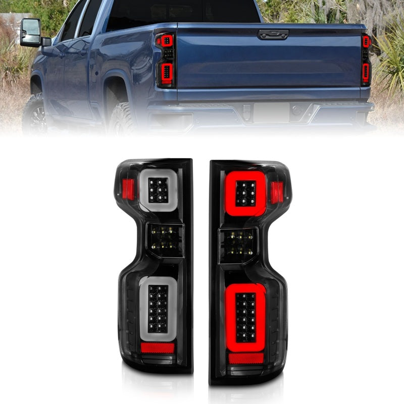 Anzo Full LED Tailights for 2019-2022 Chevy Silverado with black housing, showcasing modern design and bright illumination.