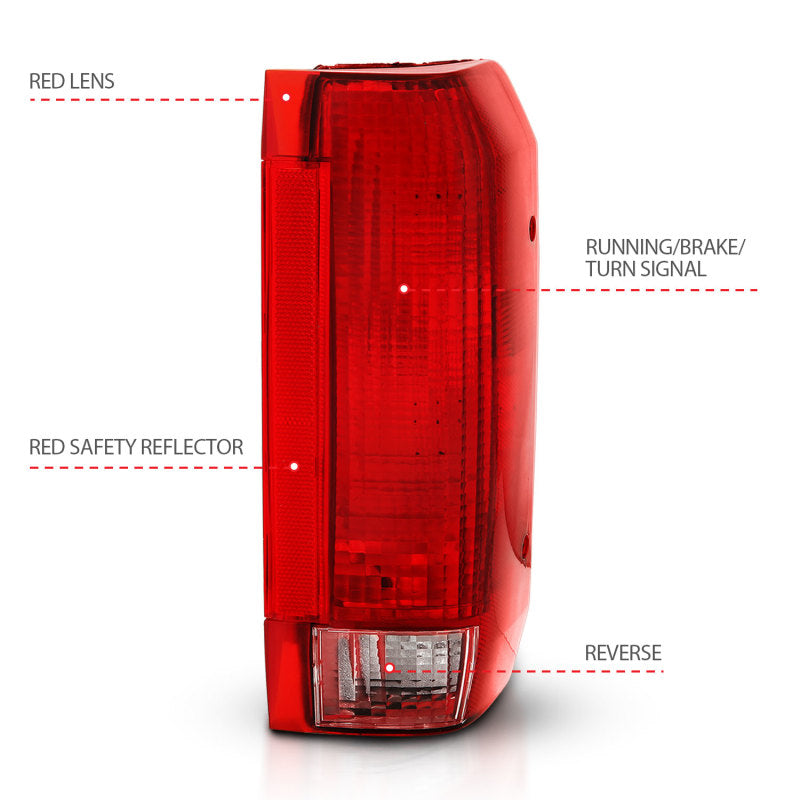 ANZO 1992-1996 Ford Bronco Taillight with red and clear lens, showcasing its sleek design and high-quality construction.